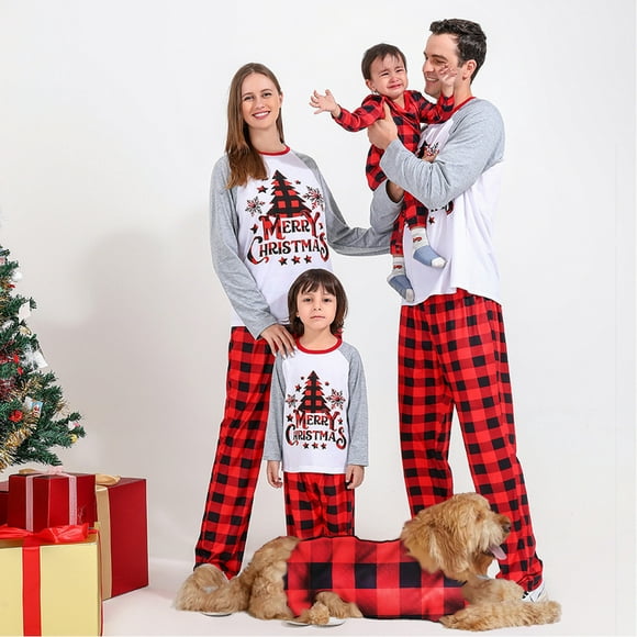 EGNMCR Matching Family Pajamas Sets Christmas PJ's with Letter and Plaid Printed Long Sleeve Tee Comfy Bottom Pants Loungewear Merry Christmas Gifts Women Outfit on Clearance