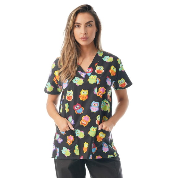 Just Love Women's Scrub Tops (Multi Colored Owls, X-Large)