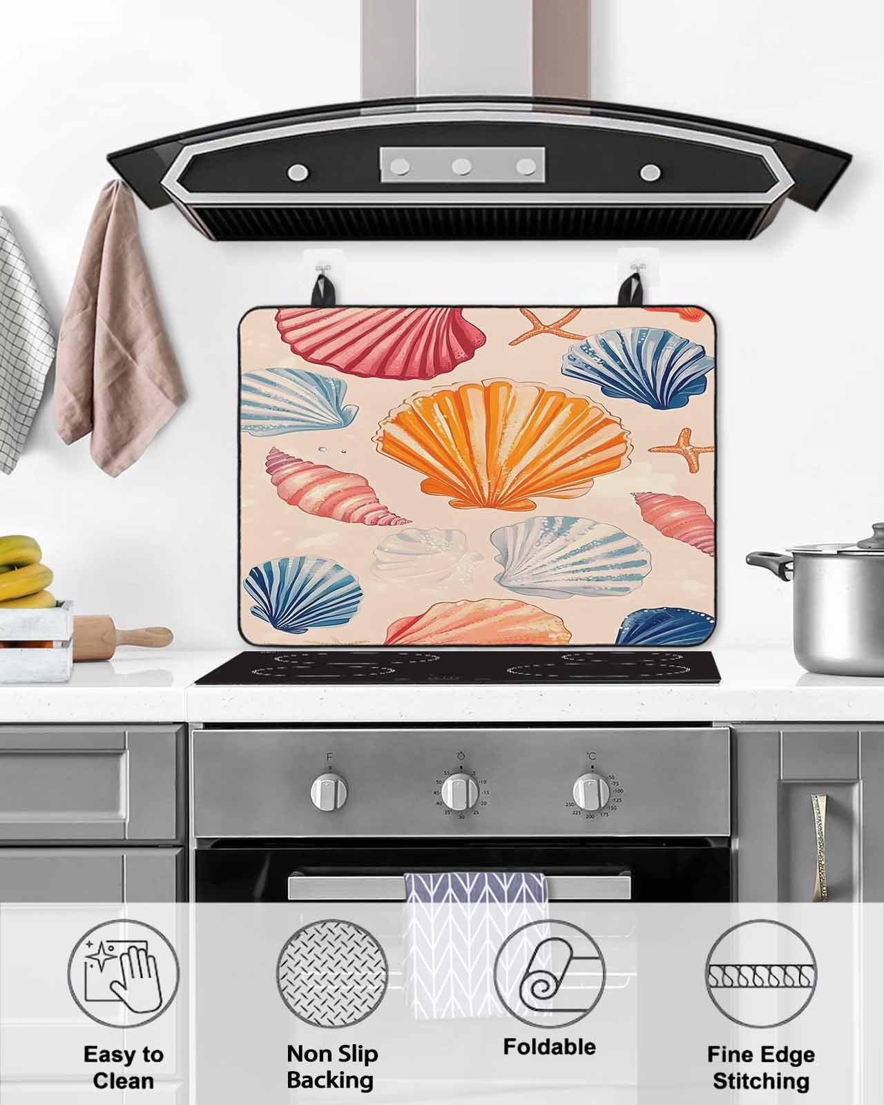 nqOlkjepod Large Induction Cooktop Protector Mat 24"x21", Orange Blue Pink Coastal Stove Top Covers for Electric Stove, Summer Nautical Shell Beach Stove Burner Cover Mats, Glass Top Stove Cover