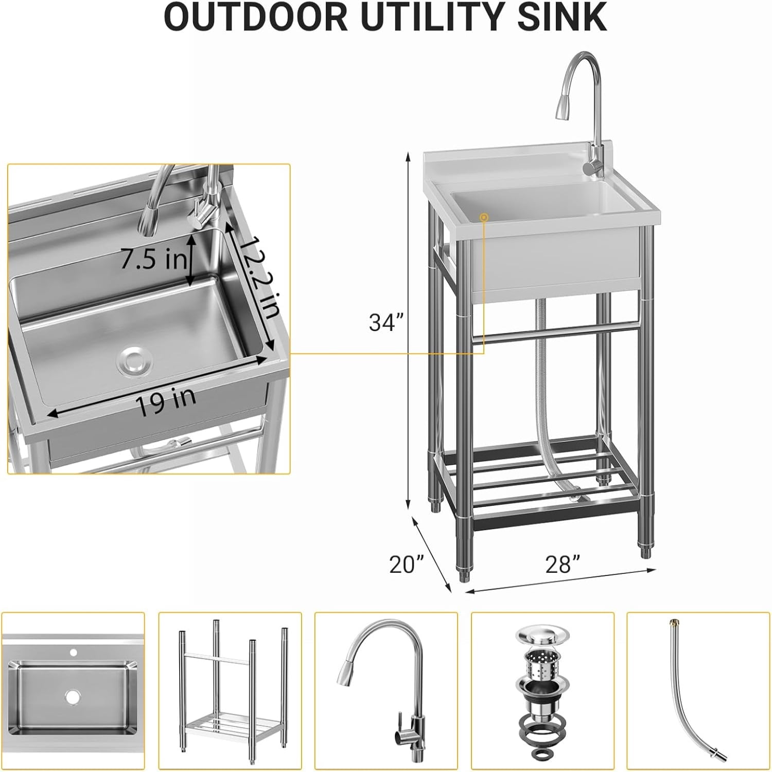 AOILE Free Standing Stainless Steel Sink, Utility Sink with Faucet & Storage Shelf for Kitchen, Garage