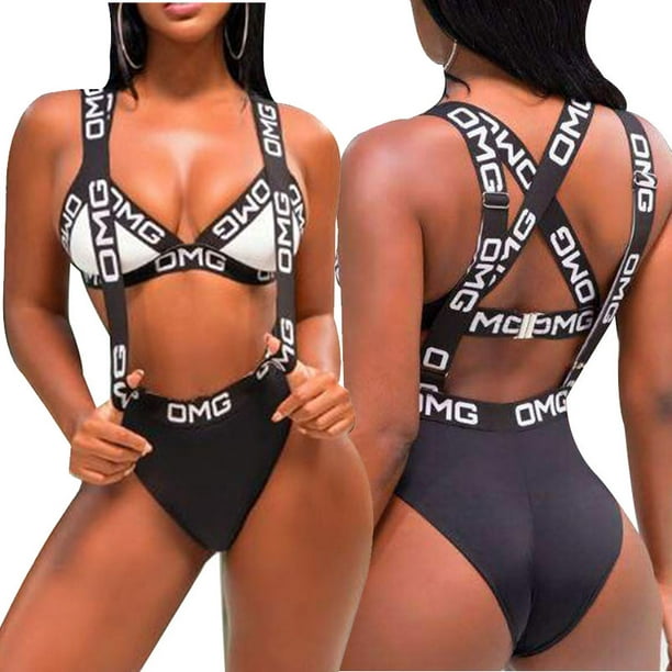Swimsuit OMG Letter Printed Backless Front Cross Bikini +T-shaped
