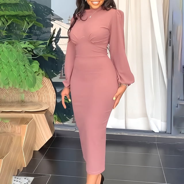 TopLLC Long Sleeve Round-Neck Dress Mode Robe Décontractée pour Femmes Col Rond à Volants Froncée Manches Longues Fendue avec Fermeture Éclair Robe pour Femmes