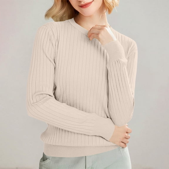 Beige Womens Fall Tops Women'S Autumn and Winter Round Neck Stripe Bottoming Shirt Fashion Versatile Sweater Solid Soft Sweater Sweaters for Women