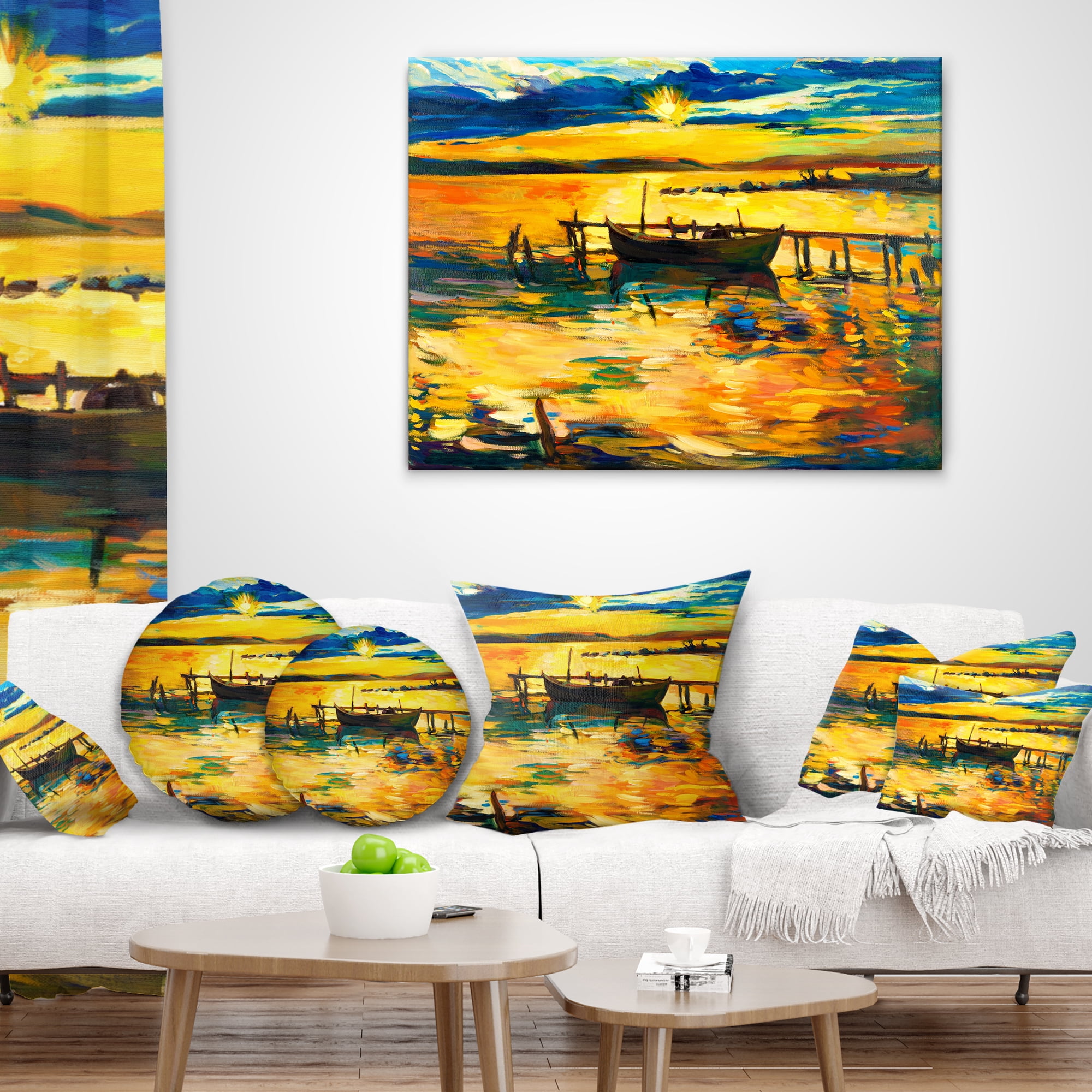 Designart Boat and Pier in Yellow Shade - Seascape Throw Pillow - 12x20