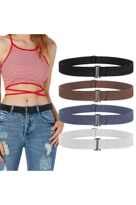 4Packs No Show Belts Stretch Invisible Elastic Web Strap Belt for Women Men Flat Buckle Belts for Jeans Pants Dresses