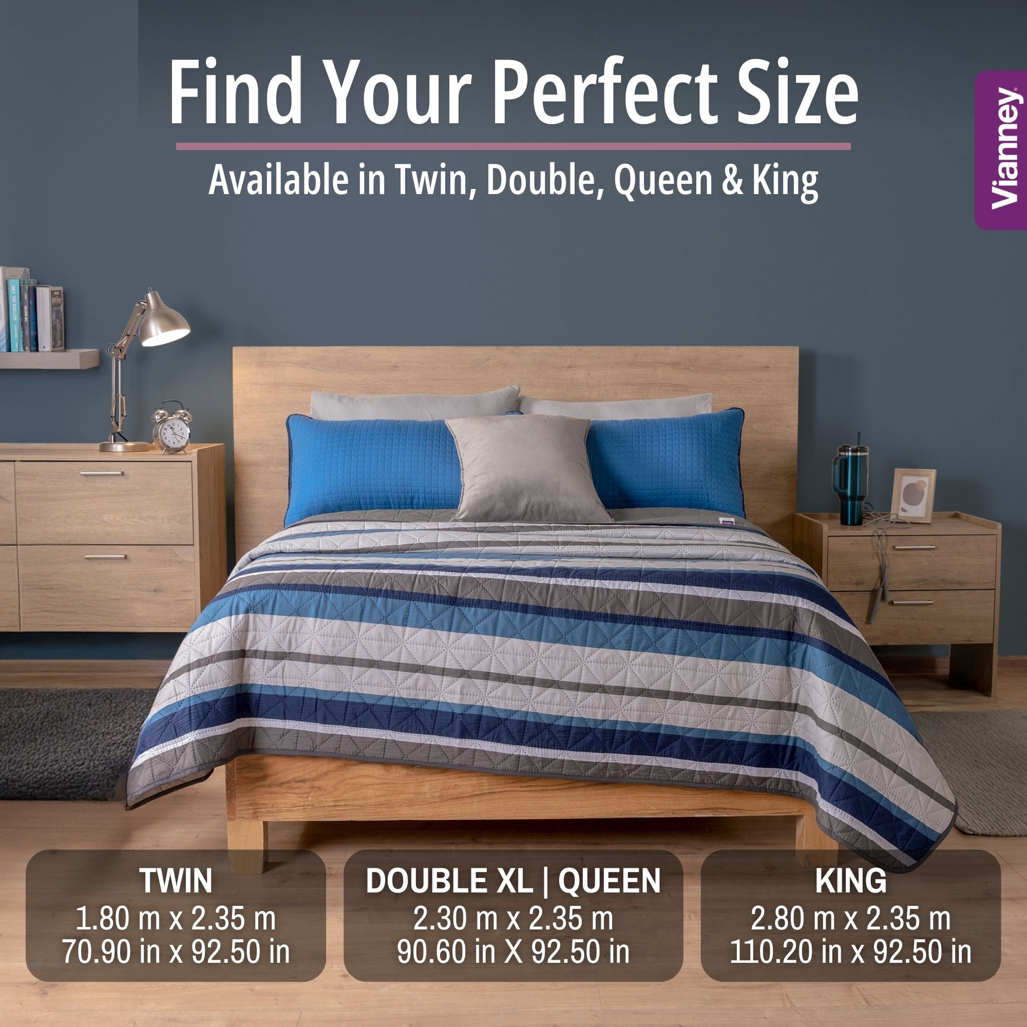 Vianney - Twin Comforter - 1 Piece - Reversible Lightweight Quilted Blanket in Blue and Grey Striped Design - Soft Breathable Bedspread for Year-Round Comfort 71x93 inches