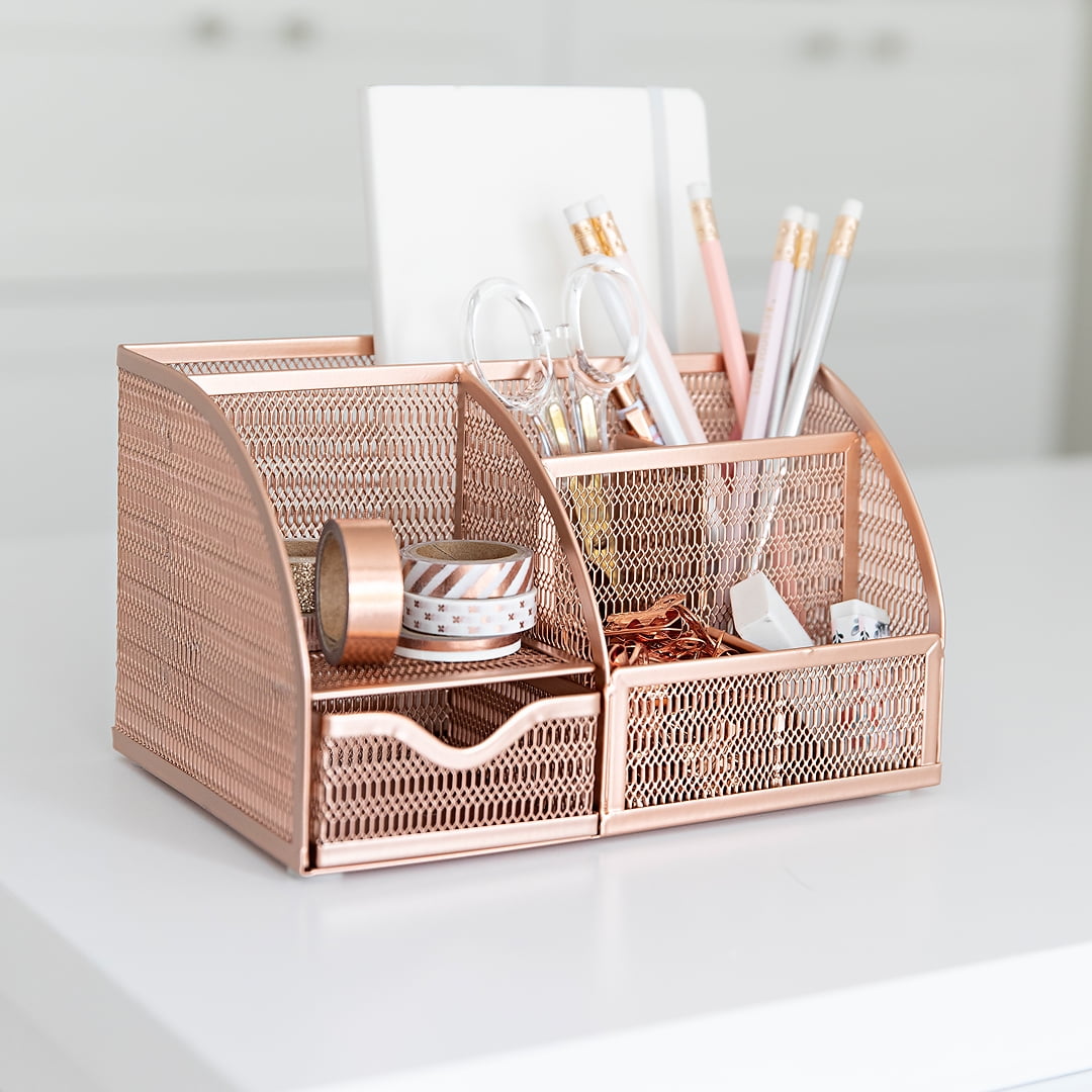 HQDeal Rose Gold Mesh Desk Organizer With Pen Holder And Paper Organizer Office 