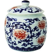 Blue and White Porcelain Decorative Cylindrical Temple Vase or Jar (Red and Blue)