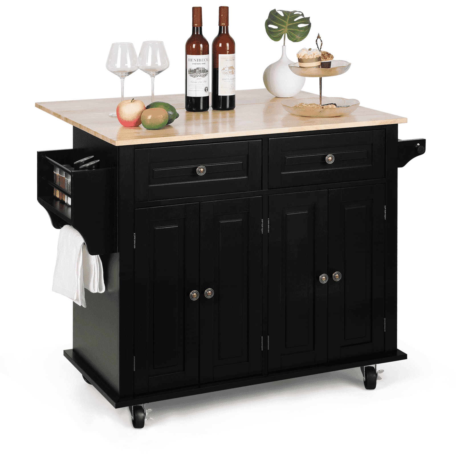 RichYa Rolling Kitchen Islands Cart on Wheels with Storage and Drop Leaf, Microwave Table with Rubber Wood Top, Drawers and Spice & Towel Rack,Black