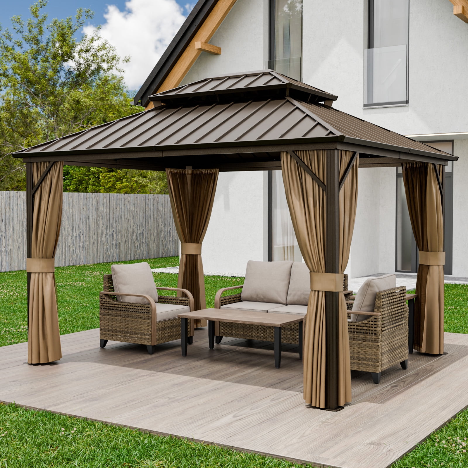 EAGLE PEAK 10'x12' Outdoor Patio Hardtop Gazebo with Aluminum Frame, Galvanized Steel Double Roof with Netting and Curtains, Brown