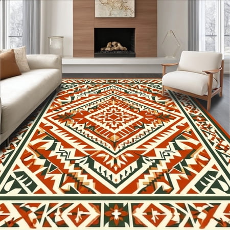 ODIKA 4'x6' Machine Washable Non-Slip Area Rug, Mexican with Tile High Traffic Rug, Red, 101190