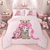 Homewish Teens Cartoon Bow Knot Leopard Bedding Comforter Set 2pcs,Kawaii Jungle Animal Twin Comforter Sets Microfiber,Pink Brown Breathable Bedding Set,Lightweight Room Decor,Reversible