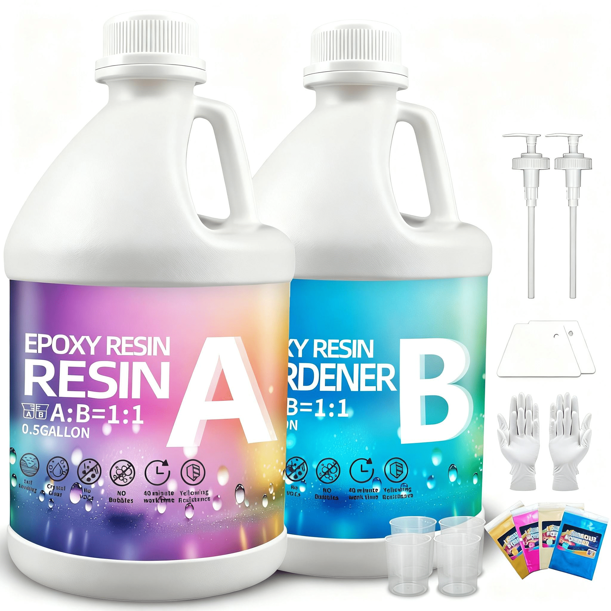 Epoxy Resin Kit 1GAL -  with4 color power and Tools, 1:1 Mixing Ratio, Bubble Free & Anti-Yellowing - High Gloss Casting & Coating Resin for Jewelry, River Tables, Bar Top, Countertops & Wood
