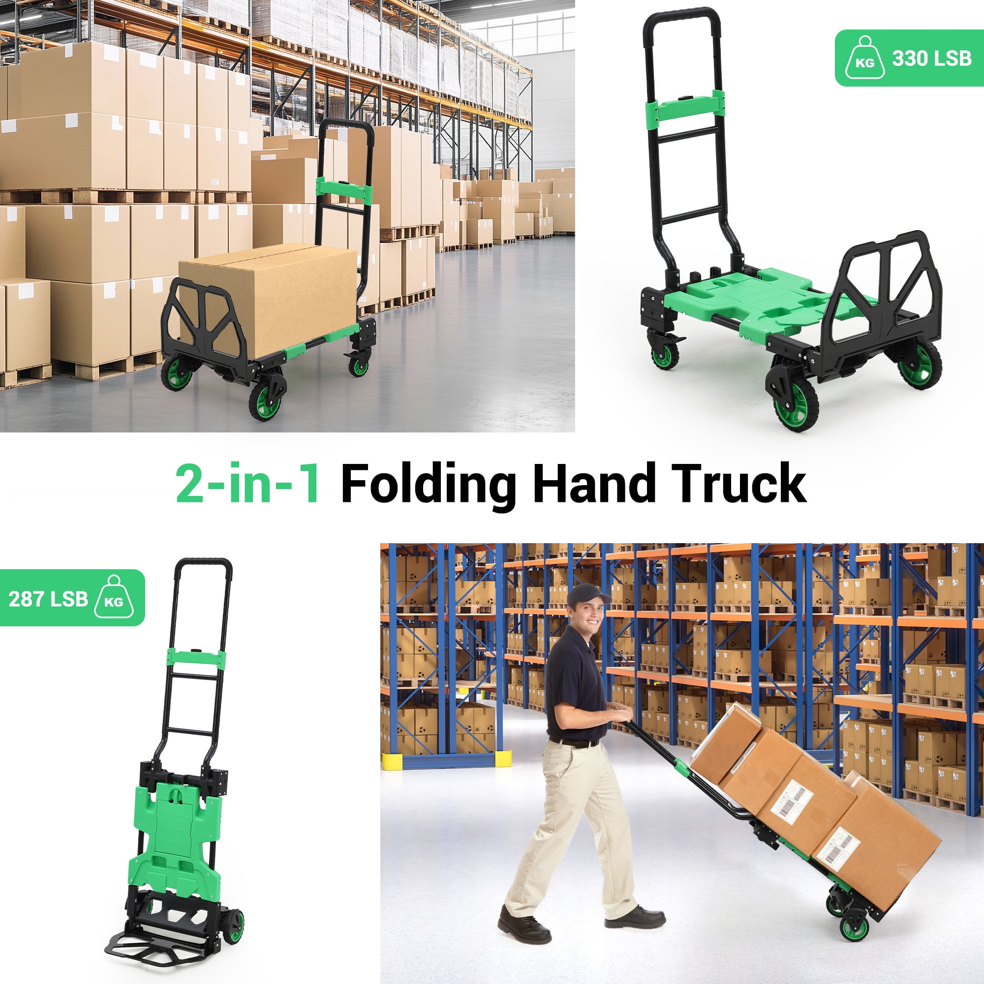 Garvee Folding Hand Truck Dolly with Folding Basket, Collapsible Carts with 4 Wheels, 330Lb for Moving, Shopping