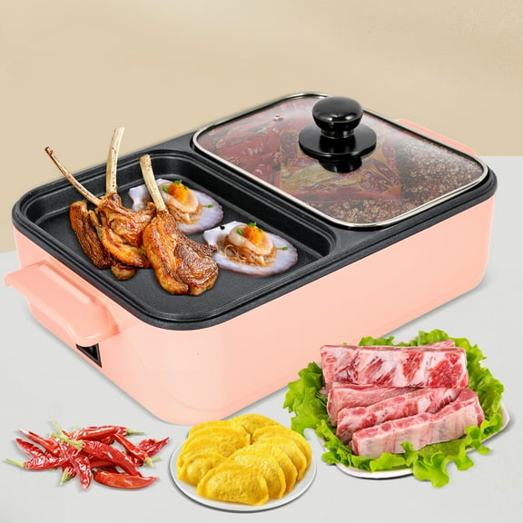 Electric Hot Pot with Grill, 14.96x8.66in 2-in-1 Design, 1500W Dual Independent Temperature Control, Non-Stick Pink Surface for Family Gatherings