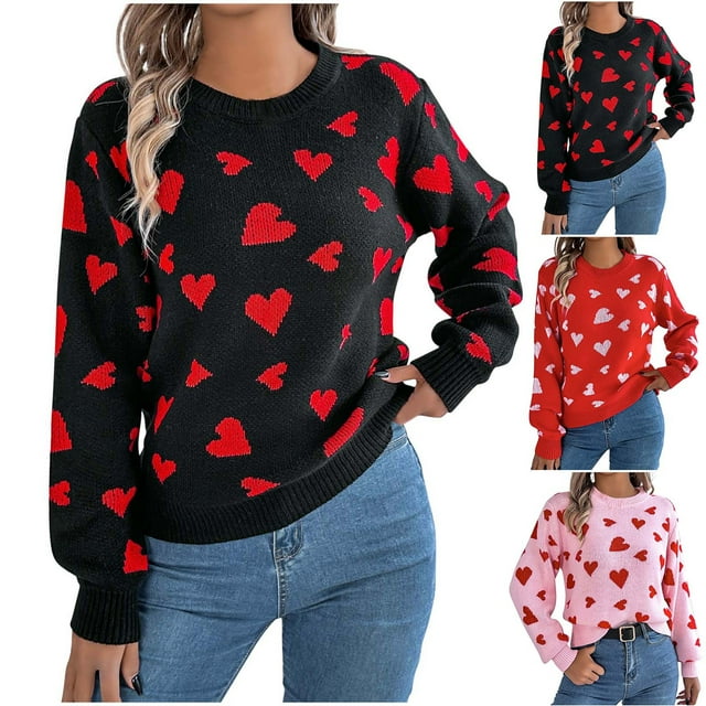 Sentmoon Chandail pour Femmes Col Rond Manches Longues Motif Cœur Blouses pour Femmes Décontractées Douces et Confortables Chandails en Molleton Amples pour Invité de Mariage Automne et Hiver
