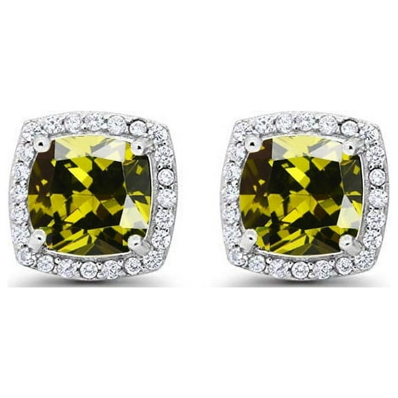 Paris Jewelry 14k White Gold 4 Ct Created Halo Princess Cut Peridot Stud Earrings Plated