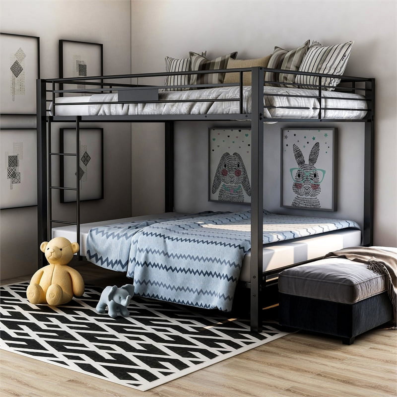 Bowery Hill Queen over Queen Contemporary Metal Bunk Bed in Black