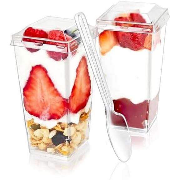 50 Pack 3 oz Square Mini Dessert Cups with Lids and Spoons, Clear Plastic, Perfect for Appetizers, Pudding, Wedding, Birthday Party Supplies