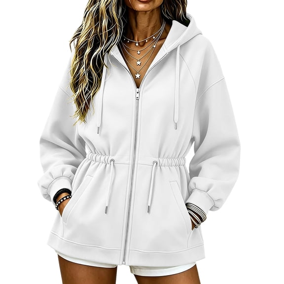 Fesfesfes Women's Casual Full Zip Hooded Sweatshirt Fleece Lined Drawstring Waist Long Sleeve Hoodie Jacket with Pockets Loose Fit Solid Color Athletic Top