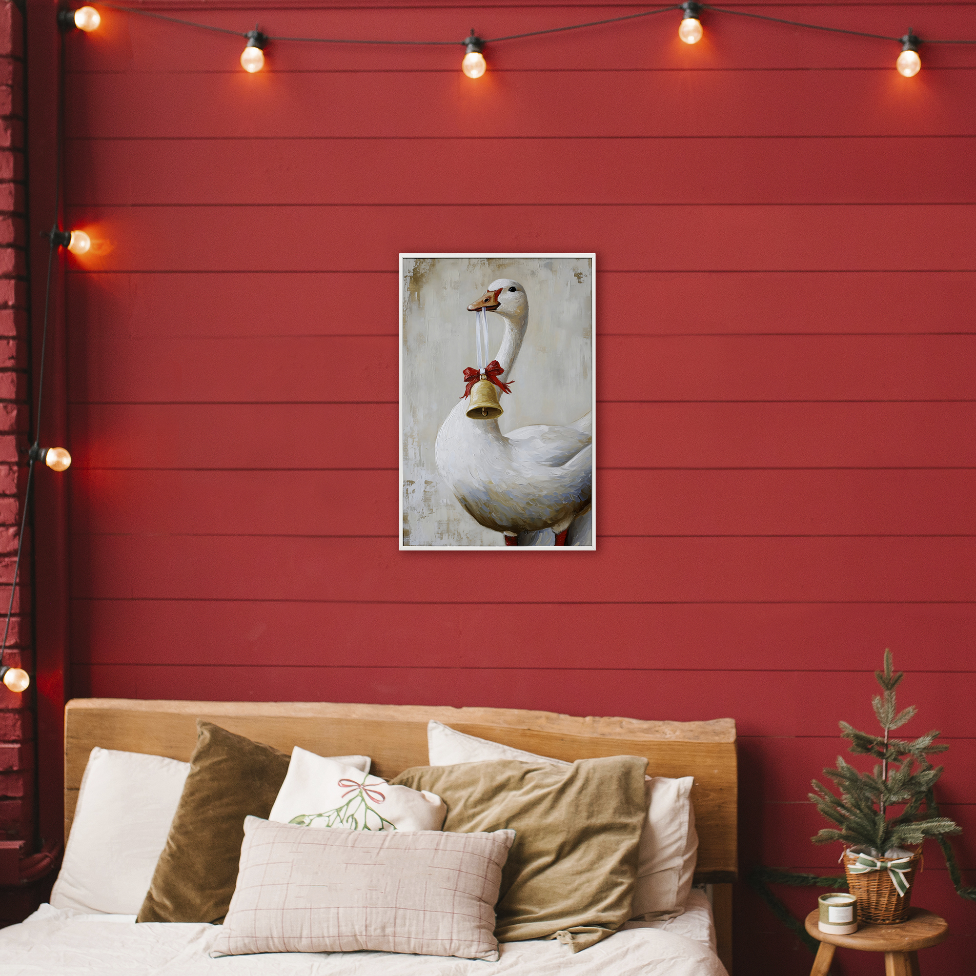 Festive Jingle Goose White Framed Giclee Art, design by Petal Prints Design