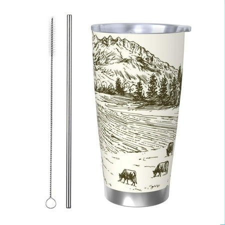 

KLL Cows Grazing On Meadow Print 40oz Stainless Steel Insulated Car Cup with Spillproof Lid - Keep Your Drink Hot or Cold on the Go-Straw Two-piece Set