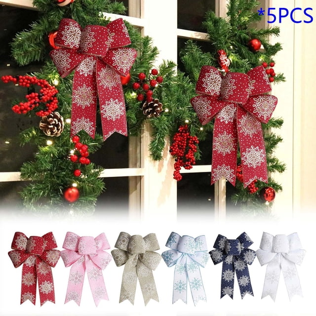 Colorful Christmas Snowflake Bows for Tree Topper & Gift Wrapping - 6 Festive Colors with Adjustable Hanging Cord