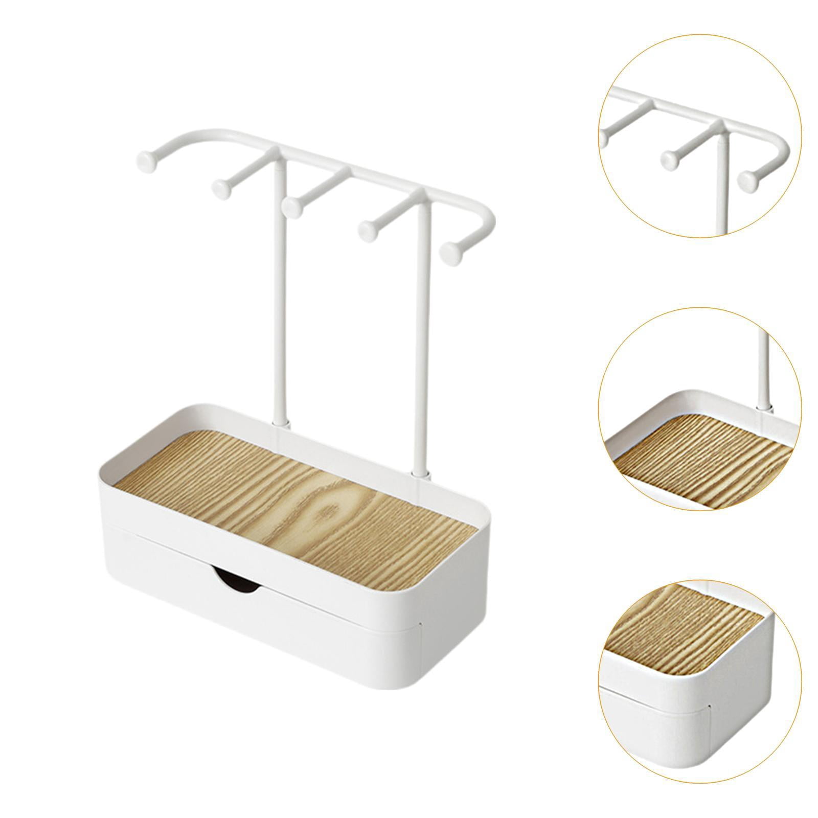 FVDPWYE Hanging Jewelry Stand Organizer with Wooden Tray Keychain 5 Hooks Storage Drawer White