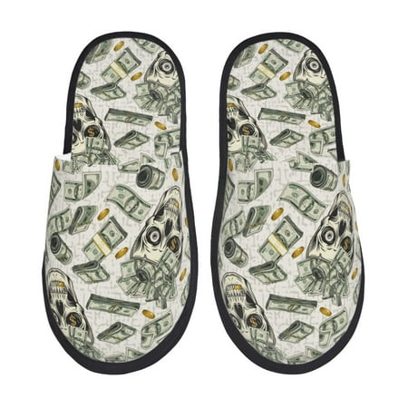 

Sikiie Skull with Cash Fuzzy Slip-on Slippers Warm Cozy Soft Lightweight Memory Foam Indoor House ShoesLarge