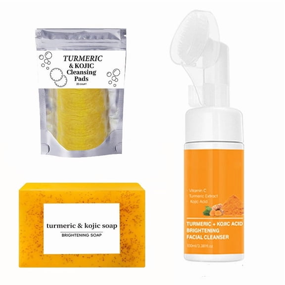 Kokovifyves 100ml Turmeric Cleansing Facial Cleanser Facial Cleansing Pad Turmeric Soap Three-piece Cleansing Moisturizing Care Set