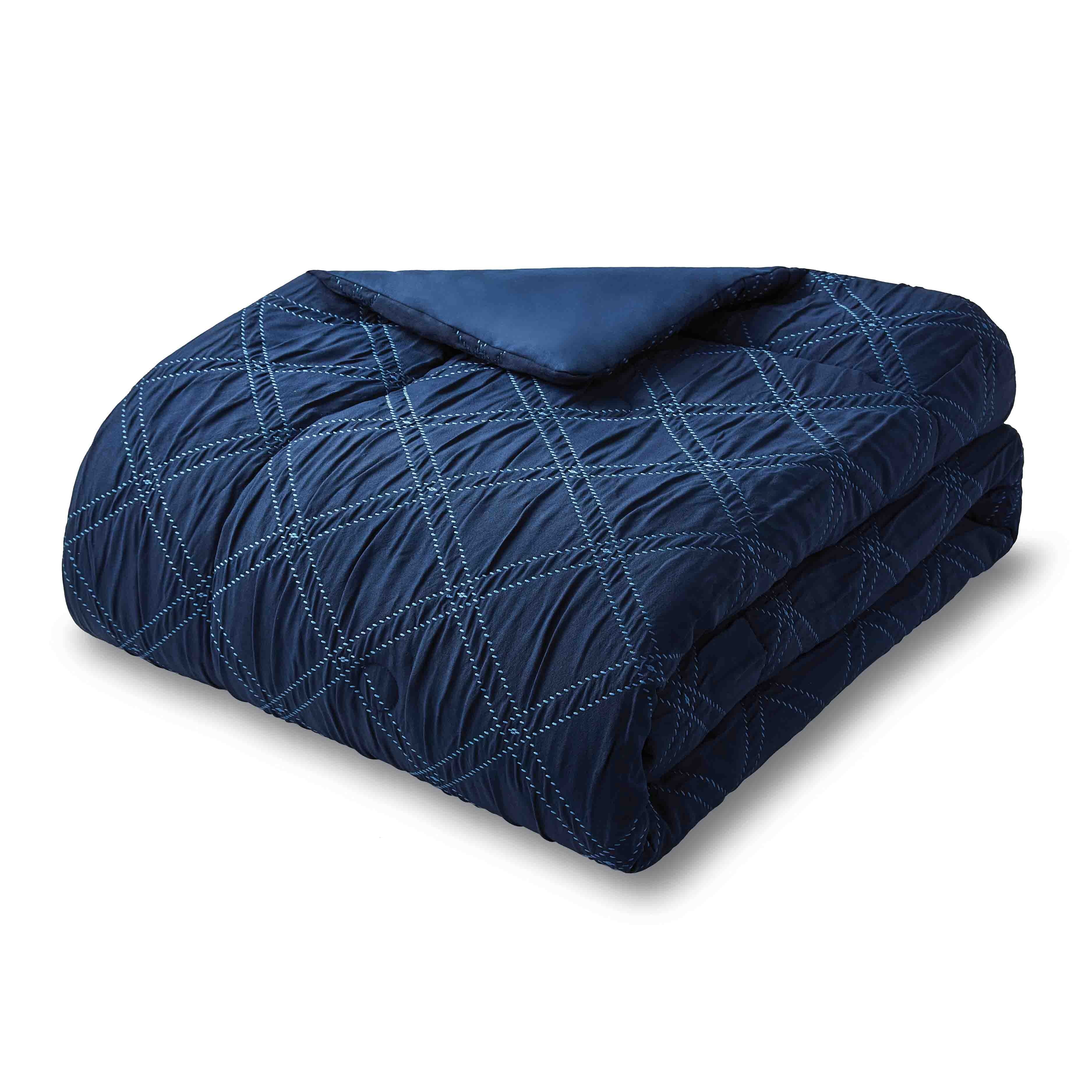 Mainstays 5-Piece Reversible Comforter Set Navy Cross Stitch Bedding with Decor Pillow and Throw, King
