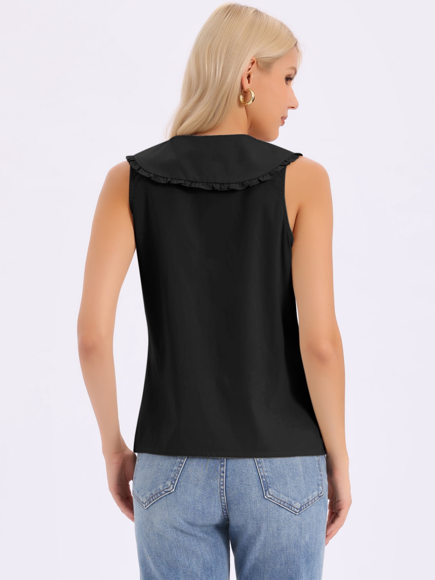 DARING DIVA Women's Button-Down Peter Pan Collar Tank Tops L Black