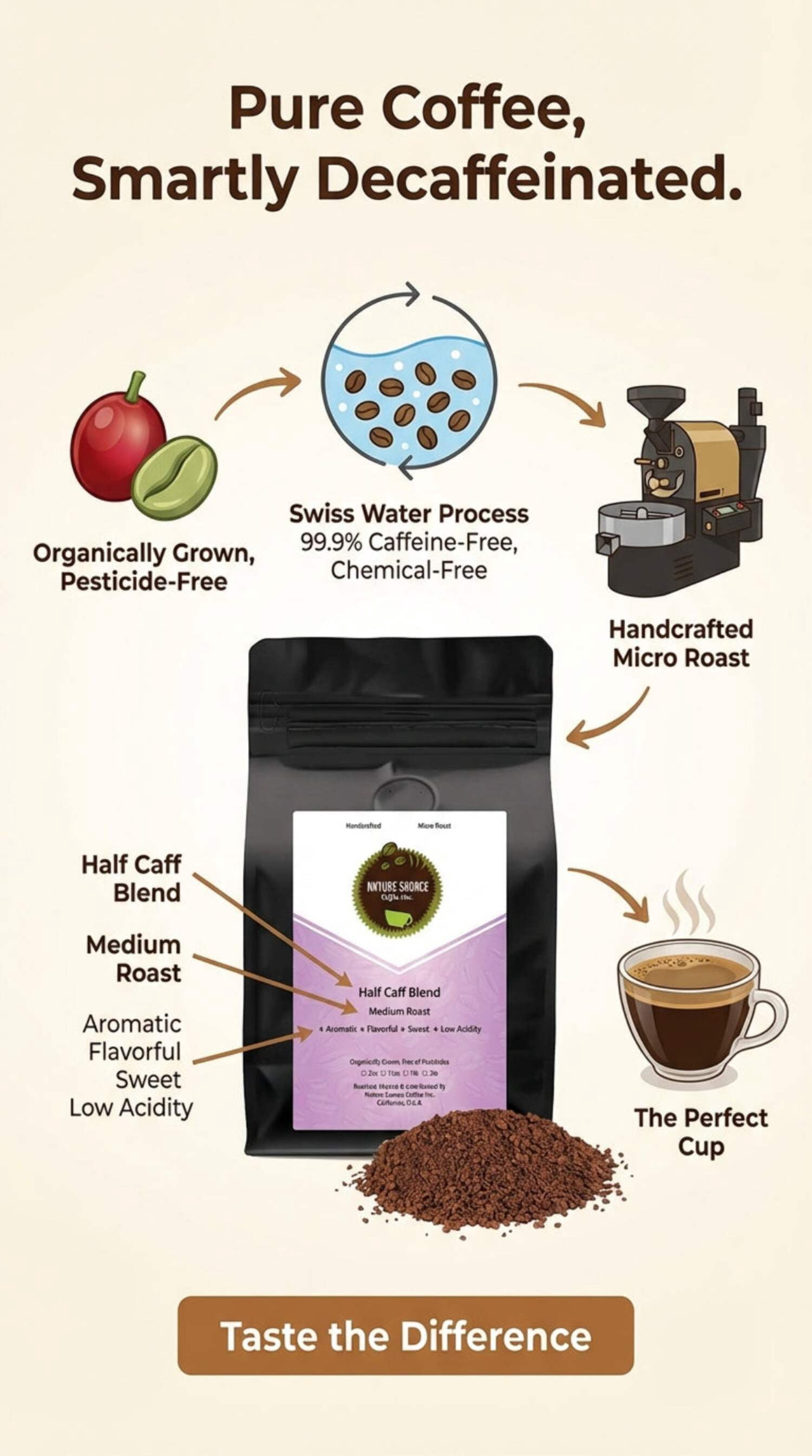 Nature Source Coffee Half Caff Blend Swiss Water Ground Coffee Organic 100% Arabica Naturally Decaffeinated Medium Roast 1-Pack 12oz