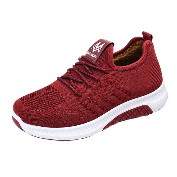 EKVAHL Orthopedic Lace Up Sneakers for Women, Plush Lined Breathable Mesh Arch Support Low Top Walking Shoes, Warm Winter Outdoor Gym Trainers Red