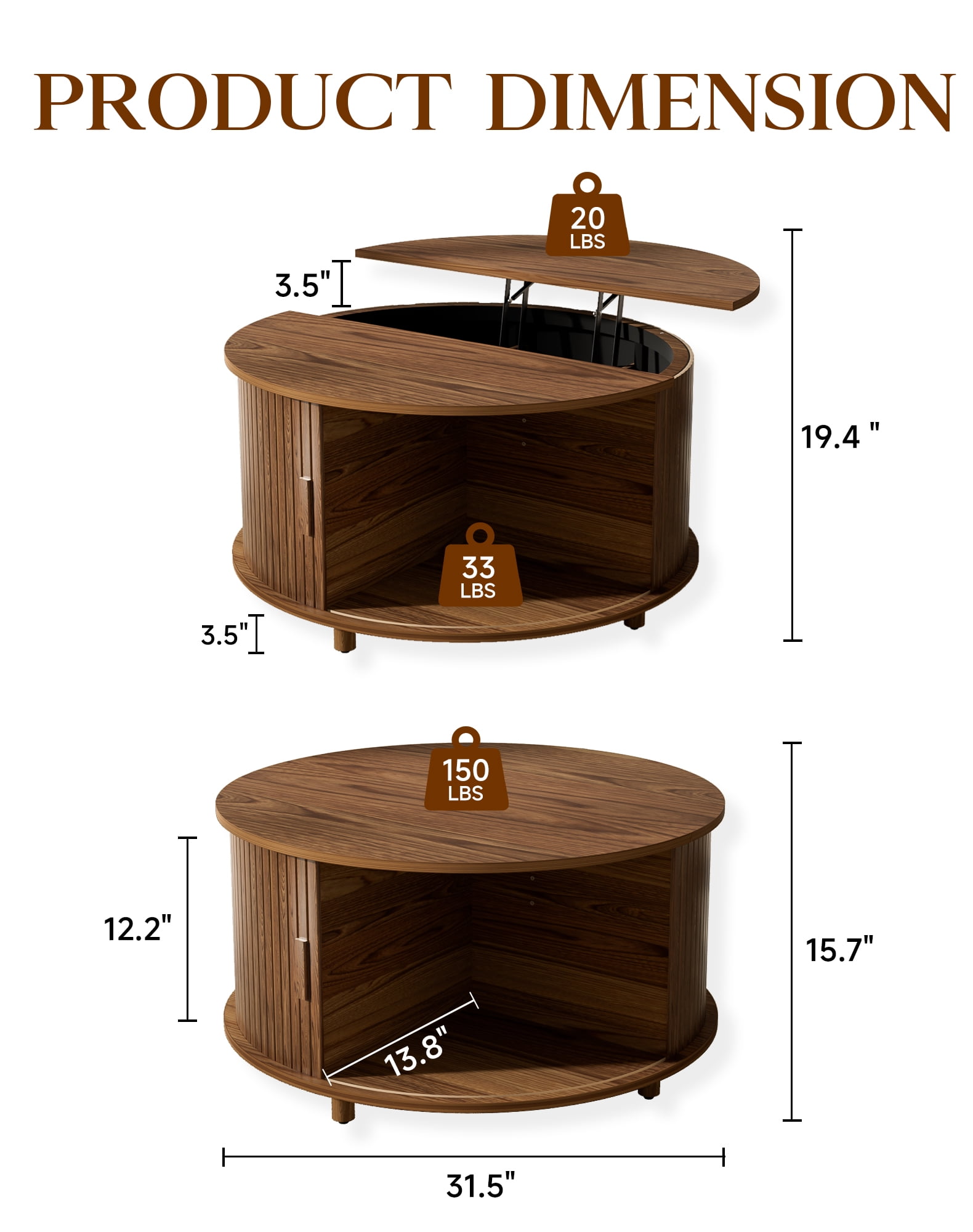 Putuo Decor Round Lift Top Coffee Table with Storage, Fluted Wood Tambour Door, Walnut