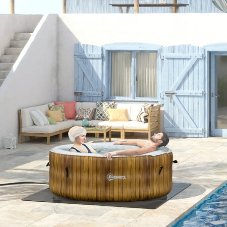 Outsunny 4 Person Inflatable Hot Tub, Outdoor Round Portable Spa with 108 Heated Air Jets, Cover, Pump, 2 Filter Cartridges, Faux Wood