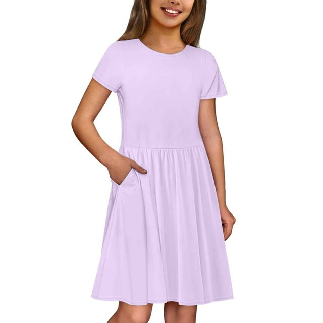 Girls' Solid Round Neck Short Sleeve Casual Dress with Pocket - Comfortable for Ages 3-12, Spring/Summer Versatile Wear