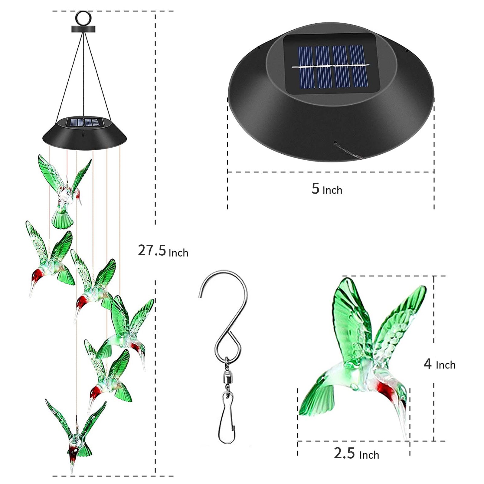 QiShi Solar Hummingbird Wind Chime with Color-Changing LED Light photo 4