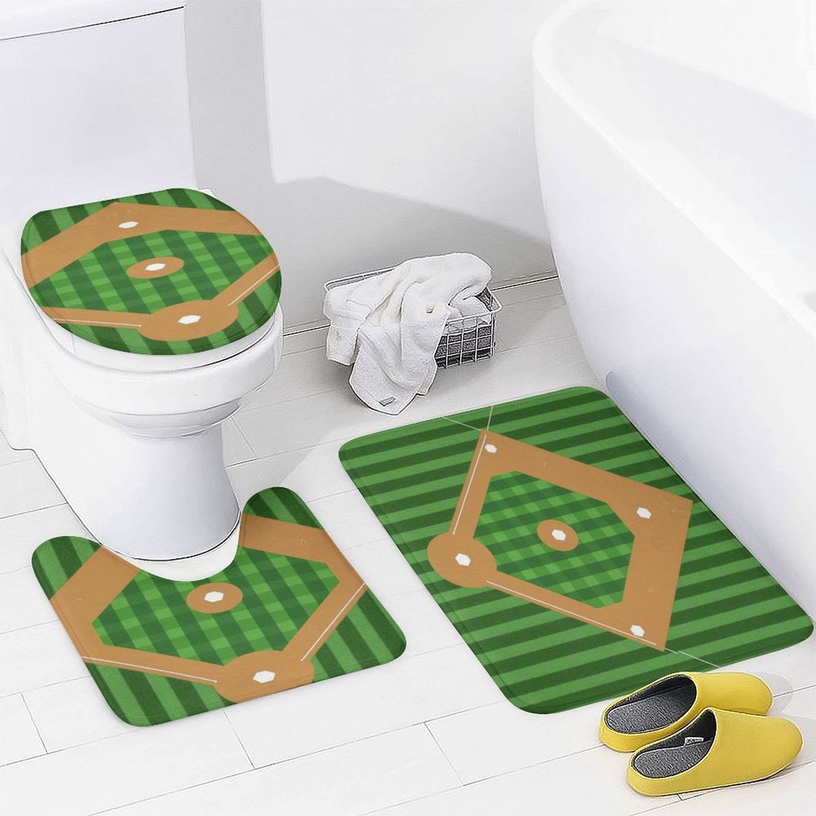 Modern Baseball Field Pattern (1)-1 Shower Curtain Sets Non-Slip Rugs Bath Mat Toilet Cover U Shaped Mat 4 Pcs
