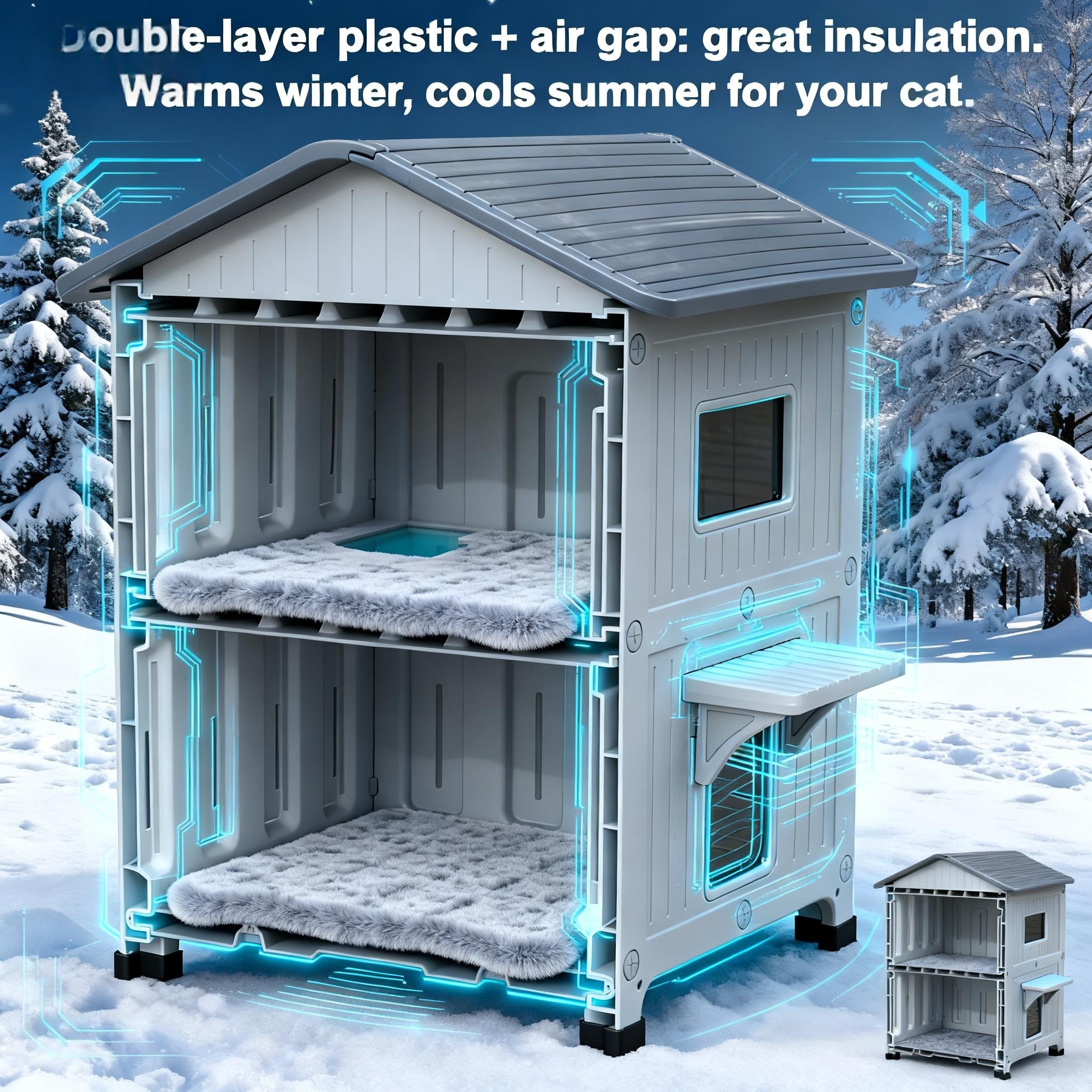 Plastic Cat House Outdoor Weatherproof Cat House for Winter, 2 Story Cat Houses Large for Multiple Cats Outside Cat Shelter, Spacious, Clean Easily
