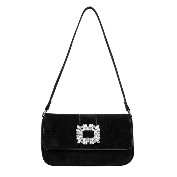 XOXO Women's Martina Velvet Flap Baguette Handbag in Black with Crystal Buckle