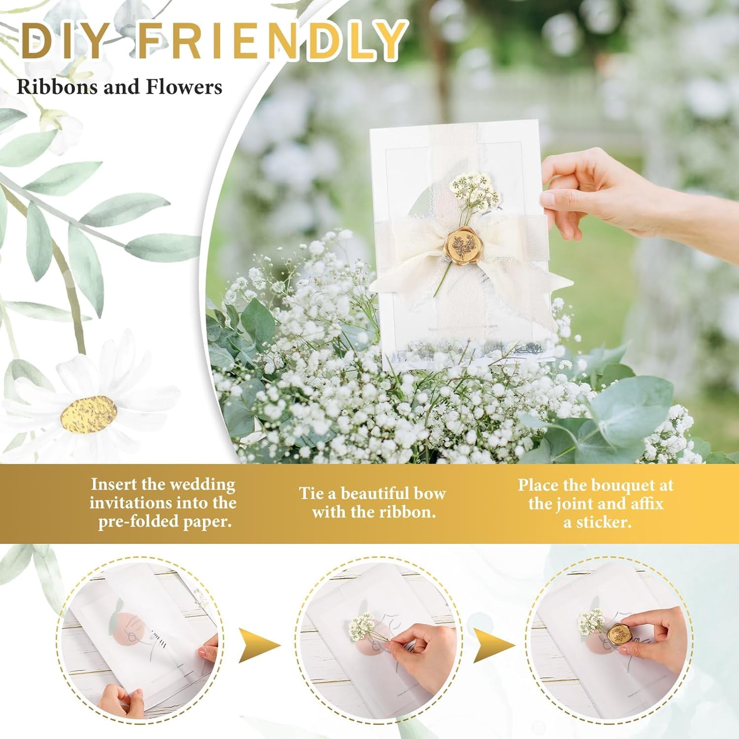 30 Set Wedding Invitations Wraps Set Pre Folded Vellum Jackets for 5 x 7 Invitations Self Adhesive Gold Wax Seal Stickers Dried Baby's Breath Flowers Chiffon Silk Ribbon for Craft DIY