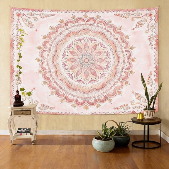Pink Bohemian Mandala Wall Tapestry, Watercolor Floral Medallion Wall Art, 60" x 50" Aesthetic Fabric Hanging for Home and Dorm Decor