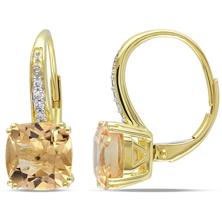 Tangelo 4-1/6 Carat T.G.W. Citrine and Diamond-Accent 10kt Yellow Gold Cushion Leverback Earrings