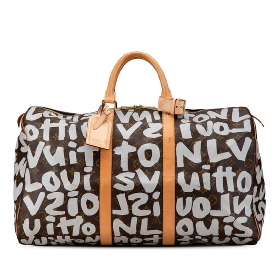 Pre-Owned Louis Vuitton Monogram Graffiti Keepall 50 Boston Bag M92197 Argent Brown PVC Leather...