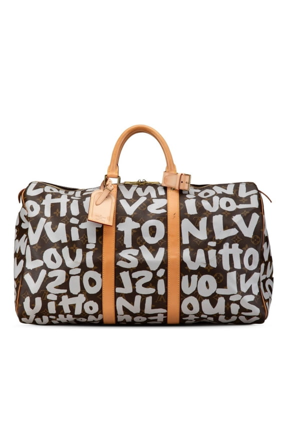 Pre-Owned Louis Vuitton Monogram Graffiti Keepall 50 Boston Bag M92197 Argent Brown PVC Leather...
