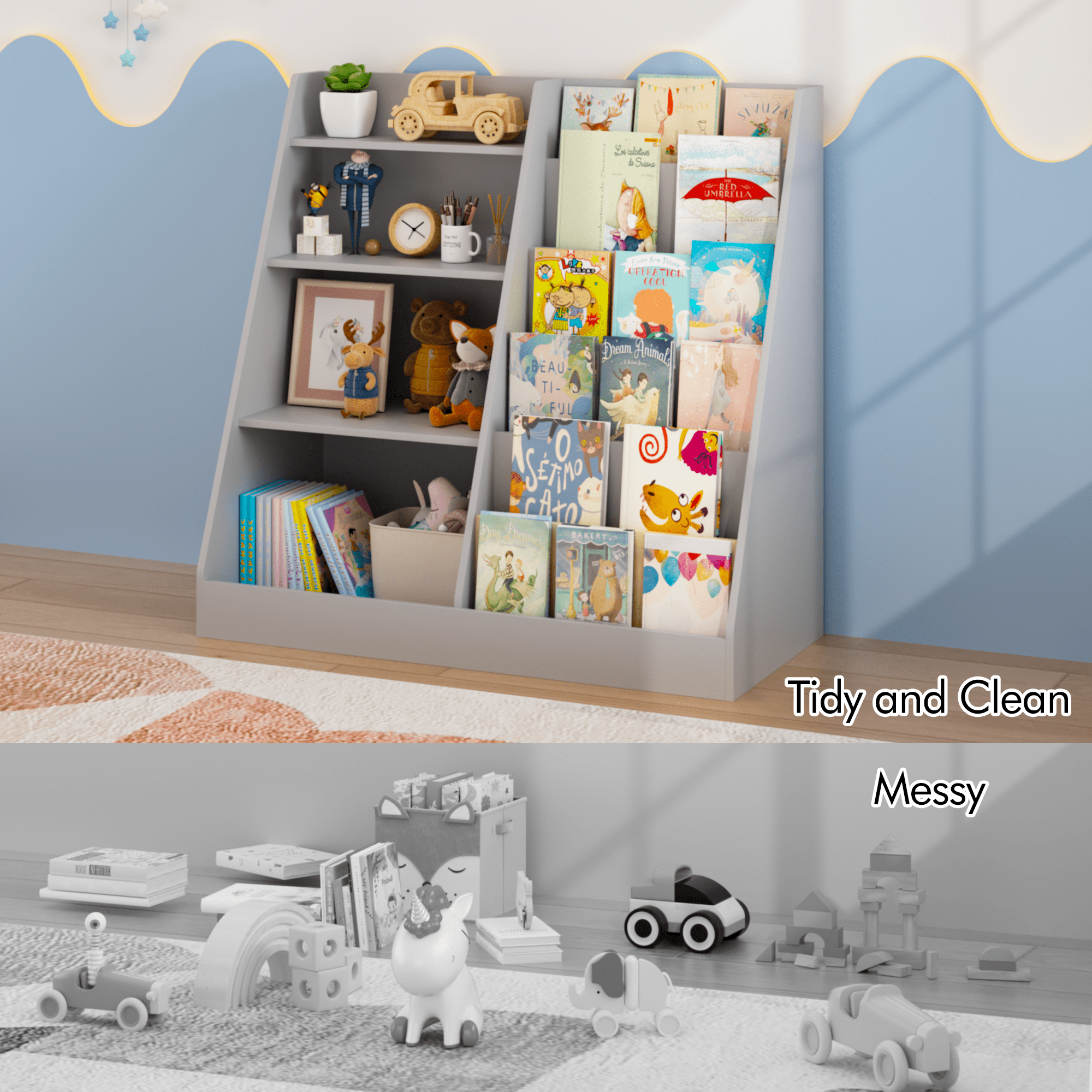 4-Tier Wooden Bookshelf with Toy Storage Bins, Multifunctional Children Bookcase Display Stand Organizer, Toddler Book Rack for Playroom Nursery Bedroom, Gray