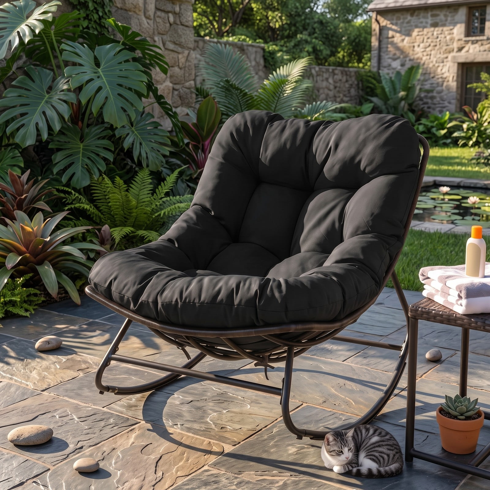 Furnibear Outdoor Papasan Rocking Chair, Egg-Shaped PE Rattan Wicker Glider Rocker with Thick Removable Cushion and Non-Slip Pads for Patio Porch Backyard, 400, Black