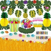 JOPHMO Tropical Luau Party Decoration Pack Hawaiian Beach Theme Party Favors Luau Party Supplies (112 PCS) Including Banner, Table Skirt, Straws, Flamingo, Pineapple Décors.