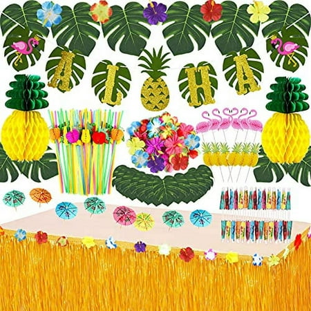 JOPHMO Tropical Luau Party Decoration Pack Hawaiian Beach Theme Party Favors Luau Party Supplies (112 PCS) Including Banner, Table Skirt, Straws, Flamingo, Pineapple Décors.